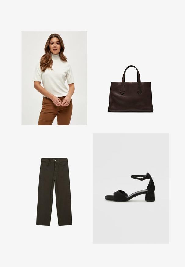 Vit kortärmad polotröja i mjukt tyg, med ribbdetaljer på kragen och ärmarna, tillsammans med bruna byxor.; Mörkgröna vida jeans i bomullsblandning, med knäppning fram, fem fickor och klassisk denimstickning.; Svarta mockaskor med klack och en tunn ankelrem, öppen tå-design och en modest blockklack. Slät textur och minimala accenter.; Brun läder tote-väska med två avlånga handtag, strukturerad rektangulär form, slät textur och subtila sömdetaljer.