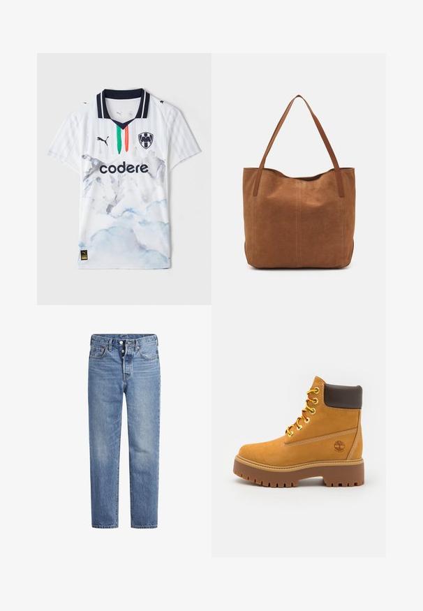 Bílý fotbalový dres s námořnickým límcem, který má akvarelový motiv hor v světle modré a šedé barvě, a zelené a oranžové akcentové pruhy.; Světle modré džíny s rovný střih, designem s pěti kapsami a knoflíkovým zapínáním. Mají jemné vyblednutí a oranžové prošití.; Hnědé voděodolné kotníkové boty s pevnou gumovou podrážkou, kulatou špičkou, hnědým koženým límcem, žlutými tkaničkami a logem na boku.; Hnědá semišová taška s dvěma dlouhými uchy, se hladkým povrchem, jednoduchým designem a bez viditelného kování nebo dekorací.