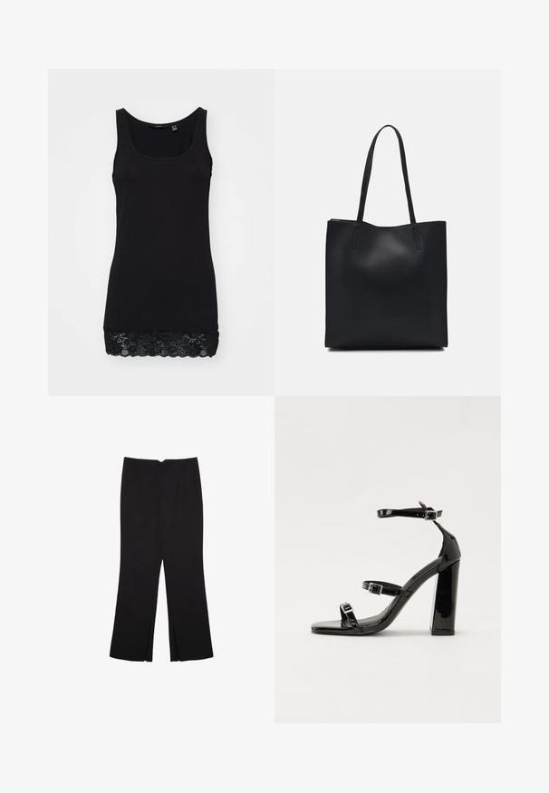 Čierny tielko vyrobené z hladkej bavlny s priliehavým strihom, zdobené čipkovým lemom na spodnom okraji pre pridanú textúru a detail.; Čierne nohavice so strihom rovného strihu, s prednými vreckami a bočnými rozparkami na leme. Vyrobené z mäkkej, hladkej tkaniny. Vhodné na rôzne príležitosti.; Čierne lakované sandále na podpätku so štvorcovou špičkou, navlečenými remienkami okolo členku a striebornými prackami. Disponujú masívnym blokovým podpätkom pre stabilitu.; Čierna kožená taška na rameno s hladkým povrchom, obdĺžnikovým tvarom a dvoma dlhými uchami. Bez viditeľného kovania alebo ozdôb.