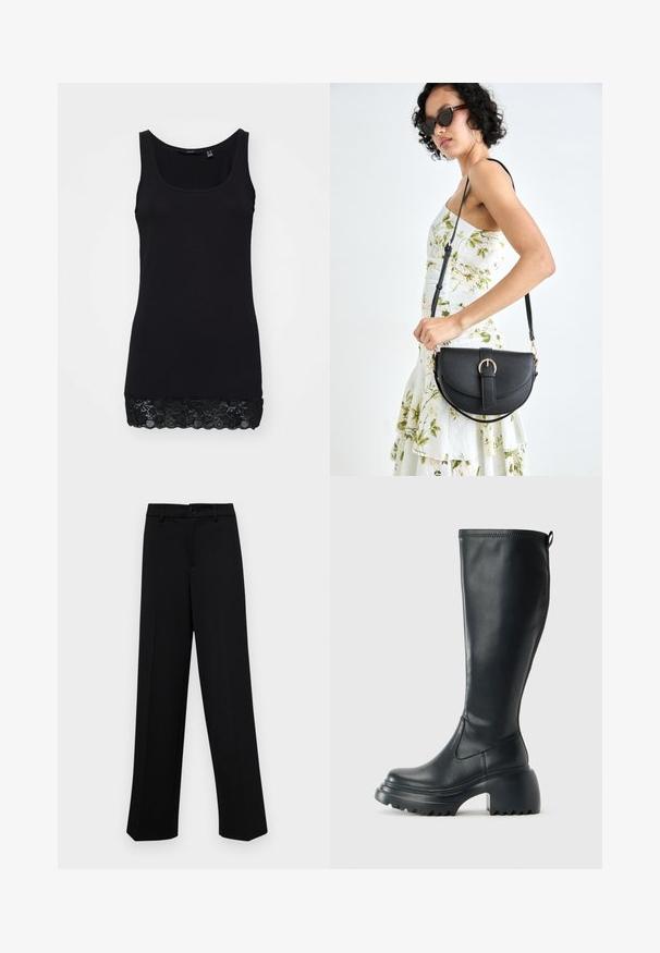 Black tank top made of smooth cotton with a fitted design, featuring a lace trim at the hem for added texture and detail.; Black wide-leg trousers made of smooth fabric, featuring a classic waistband with a button closure and front pleats.; Tall black leather boot with chunky platform sole and block heel, featuring pull tab and textured tread on outsole.; Black leather handbag with a curved shape, detachable strap, and gold hardware. The bag features a flap with a buckle detail.