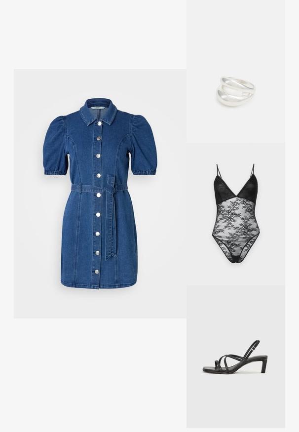 Bec + Bridge SASHAY BODYSUIT - Top - black; Vestido de mezclilla con mangas cortas abullonadas, cuello, cierre de botones frontal y un cinturón a juego. Presenta una cintura ajustada y un dobladillo recto.; Sandalia negra de tiras con punta cuadrada y tacón bajo de bloque. Presenta múltiples tiras delgadas y una correa ajustable en el tobillo. Fabricada en cuero suave.; Bolso cruzado de piel negra con textura suave, forma rectangular y un detalle de cadena metálica en el frente. Incluye una correa ajustable.; Anillo de plata de doble banda con una superficie lisa y pulida. Presenta un diseño fluido y curvado con secciones superpuestas para un aspecto moderno.