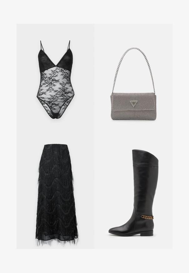 Bec + Bridge SASHAY BODYSUIT - Top - black; Schwarzer Midirock mit geschichteten Fransen und Wellenmustern. Hergestellt aus durchsichtigem Material mit funkelnden Akzenten an den Kanten.; Hohe schwarze Lederstiefel mit elegantem Design, spitzer Zehe und einem goldenen Kettenakzent am Knöchel. Tiefer Blockabsatz. Glatte Textur.; Hellegraue metallische Handtasche mit einer Kettenriemen, verziert mit kleinen kreisförmigen metallic Nieten und einem dreieckigen Markenlogo.; Silberne Creolen mit einer glatten, glänzenden Oberfläche, einer gebogenen Form und einer Steckverschluss. Minimalistisches Design mit modernem Finish.