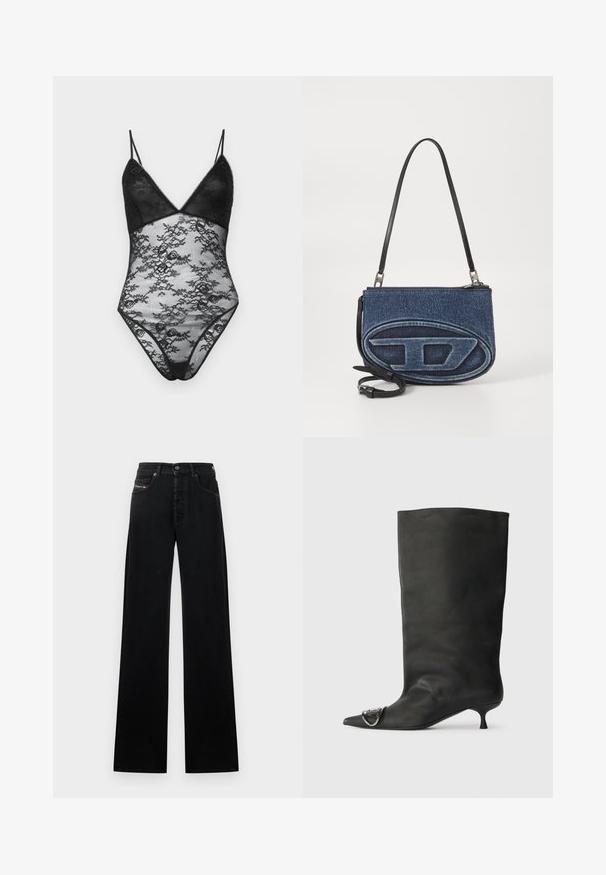 Bec + Bridge SASHAY BODYSUIT - Top - black; Zwarte wijde spijkerbroek gemaakt van denim, met een sluiting met knopen aan de voorkant, vijf zakken en een klein logoplaatje op de tailleband.; Zwarte leren enkelboot met een spitse neus, een kleine hak en metalen accentdetails op de neus. Gladde, matte textuur overal.; Denim schoudertas met een zwarte leren schouderband, ovaal logoontwerp aan de voorkant en een ritsluiting aan de bovenkant. Gedeeltelijk gestructureerde afwerking.