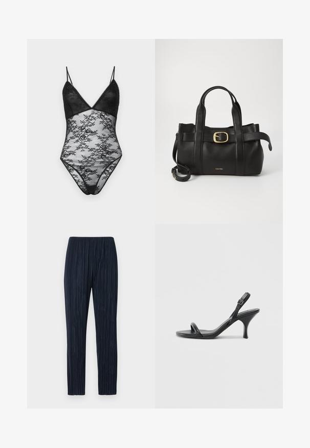 Bec + Bridge SASHAY BODYSUIT - Top - black; Navy pleated pants with an elastic waistband, featuring a textured fabric, straight-leg design, and subtle vertical stripes throughout.; Black leather high-heeled sandals with a slim, curved heel and a crossed strap design. Adjustable ankle strap. Smooth texture.; Black leather handbag featuring a structured design, dual top handles, gold-tone buckle accent, and embossed brand logo at the front.