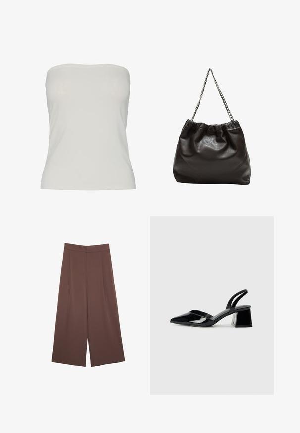 Pieces PCMADISON TUBE - Top - cloud dancer; Rjave široke hlače z gladko teksturo, ki imajo visok pas in sprednje naborke. Tkanina je lahka in prosto pada.; Črne lakirane slingback pete s koničastim nosom in geometrijsko blokasto peto. Imajo eleganten, minimalističen dizajn in gladko teksturo.; Rjava usnjena torba z nabranim vrhom in verižnim trakom. Gladka tekstura z sijajno površino in subtilnimi šivi na straneh.