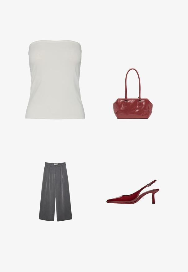 Pieces PCMADISON mleczny; Plisowane spodnie o szerokich nogawkach w ciemnoszarym materiale z subtelną teksturą. Posiadają zapięcie na guzik oraz klasyczny krój pasa.; Bershka - Czółenka; Czerwona, błyszcząca torebka na ramię z dwoma długimi uchwytami, prostokątnym kształtem, gładką strukturą i subtelnym wzorem fałdowania. Posiada srebrny sprzęt.
