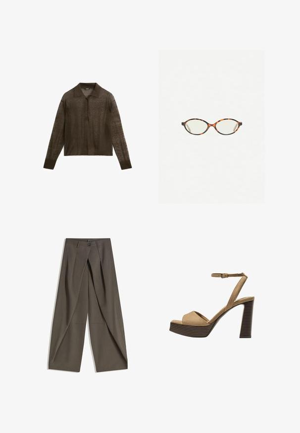 Polo marron à manches longues en tissu léger, avec un col, une patte de boutonnage et des poignets côtelés.; Pantalons à jambes larges en tissu texturé gris foncé. Présente un pli avant, une fermeture par bouton et des poches latérales pour plus de praticité.; Sandales à talons hauts en suede beige avec une large bride avant et une bride à la cheville, dotées d'un chunky talon en bois avec une finition texturée.; Lunettes en écaille de tortue avec des verres ovales et une finition lisse et élégante. Présente des branches fines avec une courbure subtile au niveau des tempes. Verres transparents.