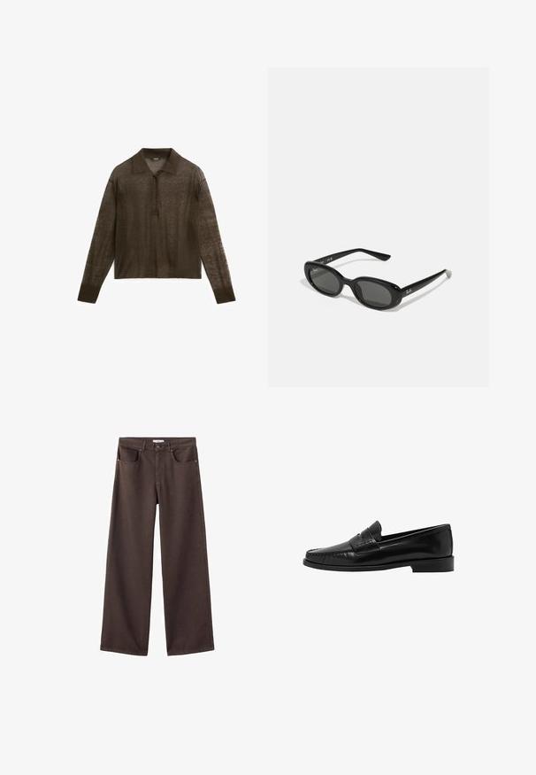 Brązowa, długosleeve polo wykonana z lekkiego materiału, z kołnierzykiem, listwą guzikową i ściągaczami przy mankietach.; Szerokie dżinsy w ciemnym brązie, z przednimi kieszeniami, standardowym pasem i klasycznym pięciokieszeniowym wzorem. Miękka, mocna tekstura.; Mango - Półbuty wsuwane; Czarne okulary przeciwsłoneczne z owalnymi soczewkami, błyszcząca plastikowa oprawa i smukłe zauszniki. Posiadają białe logo Ray-Ban po boku.; Czarna skórzana torebka z podwójnymi uchwytami u góry i odczepianym paskiem na ramię. Posiada polerowane metalowe okucia i akcenty w postaci klamerek. Gładka tekstura.