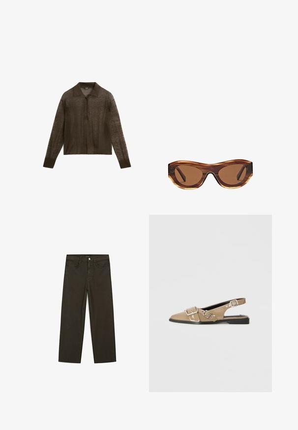 Braunes Polohemd mit langen Ärmeln aus leichtem Stoff, mit kragenförmigem Ausschnitt, Knopfleiste und gerippten Bündchen.; Dunkelgrüne Jeans im weit geschnittenen Style, hergestellt aus einem Baumwollgemisch. Sie verfügen über einen Frontknopfverschluss, fünf Taschen und klassische Denim-Nähte.; Beige patentierte Slingback-Schuhe mit spitzem Zehenbereich, zwei verstellbaren Schnallen und einem niedrigen schwarzen Absatz. Glatte Textur mit glänzender Oberfläche.; Sonnenbrille mit Schildpatt-rahmen, braunen Verlaufslinsen und einer eleganten Katzenaugenform. Hergestellt aus leichtem Kunststoff mit glänzender Oberfläche.; Braune Ledertasche mit zwei langen Griffen, strukturierte rechteckige Form, glatte Textur und dezente Nähdetails.