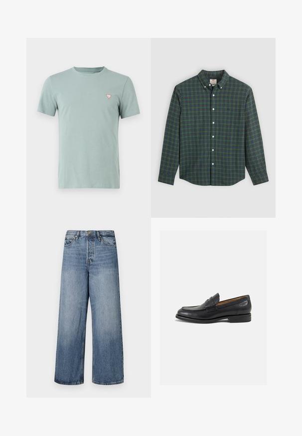 Hellgrünes Baumwoll-T-Shirt mit Rundhalsausschnitt und kurzen Ärmeln. Verfügt über ein kleines rotes Dreieckslogo auf der linken Brust.; Langarm-Hemd mit grün-blau-gelbem Karomuster, weißen Knöpfen und einem geknöpften Kragen.; Weite blaue Denim-Jeans mit einer ausgewaschenen Optik, Fünf-Taschen-Design und einer Knopfverschluss. Ausgestattet mit Gürtelschlaufen und gestickten Details.; Schwarze Leder Slipper mit glatter Oberfläche, runder Spitze und dekorativer Naht auf dem Vorderblatt. Niedriger Blockabsatz und leichter Glanz.