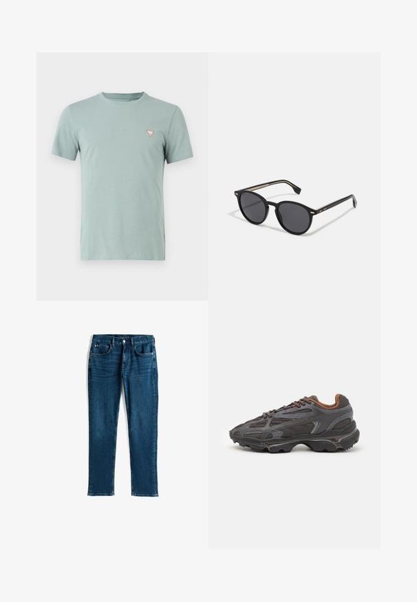 Light green cotton T-shirt with a round neckline and short sleeves. Features a small red triangle logo on the left chest.; Dark blue denim jeans, straight leg design, five-pocket style, with subtle whiskering and contrast stitching, metallic button and zipper closure.; Lacoste sneakers in dark gray with mesh and synthetic material, featuring a textured sole and brown accents on the collar and branding.; BOSS Sunglasses - black
