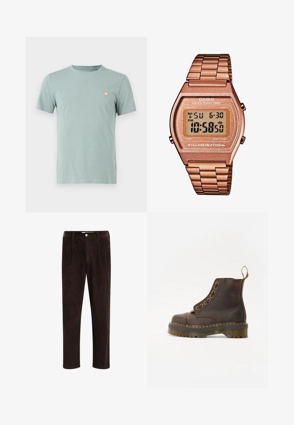 Hellgrünes Baumwoll-T-Shirt mit Rundhalsausschnitt und kurzen Ärmeln. Verfügt über ein kleines rotes Dreieckslogo auf der linken Brust.; Redefined Rebel JOHN COMFORT FIT - Stoffhose - demitasse; Braune Leder-Ankleboots mit runder Spitze, kontrastierenden gelben Nähten, dekorativen Metallösen und rutschfester Gummisohle.; Digitaluhr von Casio mit einem roségoldenen Metallarmband, rechteckigem Gehäuse, beleuchtetem Display und Wasserfestigkeit, zeigt Uhrzeit und Datum an.