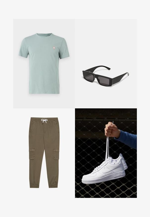 Light green cotton T-shirt with a round neckline and short sleeves. Features a small red triangle logo on the left chest.; Khaki cargo pants with an elastic waistband and drawstring, featuring side pockets and cuffed ankles. Made from a textured, lightweight material.; White leather sneakers with perforations, round toe, flat sole, and thick laces, featuring a visible swoosh logo and "AIR" on the heel.; Black sunglasses with rectangular frames and dark lenses. Made from glossy plastic, featuring angular design and slender temples.