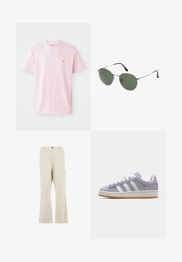 Vaaleanpunainen puuvillapaita, jossa on lyhyet hihat, pyöreä kaula-aukko ja pieni keltainen logo vasemmassa rinnassa. Sileä materiaali, rento istuvuus.; Beige, leveleinen housut, valmistettu puuvillasekoitekankaasta, napillinen suljenta. Varustettu sivutaskuilla ja hienovaraisella pinnalla. Saumakuviointi näkyvissä.; Harmaan mokkanahkaiset lenkkarit valkoisilla raidoilla, pyöreä kärki ja kumipohja. Sivulla on reikiä ja teksturoitu kantapää.; Aurinkolasit metallikehyksillä, joissa on soikeat vihreät linssit. Ohut hopeinen metallikehys ja mustat korvapehmusteet. Minimalistinen muotoilu, ei näkyviä logoja.