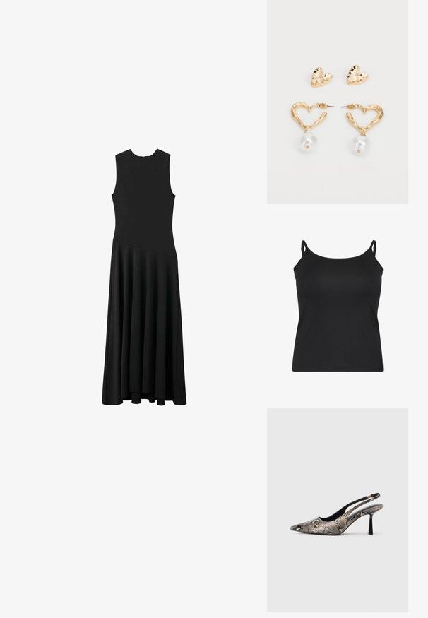 Camisole noire avec de fines bretelles réglables, fabriquée en tissu lisse, dotée d'un design simple sans manches et d'un ourlet droit.; Robe maxi noire sans manches avec un corsage ajusté et une jupe évasée, arborant une texture lisse et un design minimaliste, sans fermetures visibles.; Chaussures slingback à bout pointu en matériau à imprimé serpent texturé, avec un talon noir fin et un design découpé sur les côtés.; Sac à main en cuir noir avec une forme courbée, bandoulière amovible et des accessoires en or. Le sac est doté d'un rabat avec un détail de boucle.; Boucles d'oreilles en forme de cœur en plaqué or avec une finition texturée, dotées d'un accent de perle suspendue. Comprend des boucles d'oreilles en clou en forme de cœur assorties.