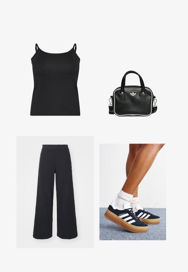 Čierny tielko s tenkými nastaviteľnými ramienkami, vyrobené z hladkého materiálu, s jednoduchým bezrukávovým dizajnom a rovným lemom.; Čierne širšie tepláky vyrobené z mäkkej látky, s elastickým pásom a malým logom na ľavej strane.; Čierne semišové tenisky s bielymi pruhmi a detailmi, so zaoblenou špičkou, podrážkou z gumovej gumy, doplnené bielymi rebrovanými ponožkami.; Čierna kožená kabelka s dvoma krátkymi držadlami, striebornými kovovými doplnkami, bielymi akcentmi a bielym logom. Vyznačuje sa textúrovaným povrchom a kompaktným dizajnom.