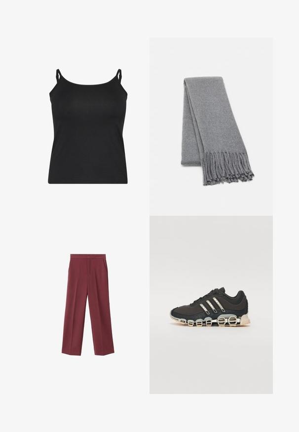 Schwarzes Top mit dünnen verstellbaren Trägern, aus glattem Stoff, mit einem schlichten ärmellosen Design und geradem Saum.; Weinrote Hose mit weitem Bein aus glattem Material, ausgestattet mit seitlichen Taschen und einem hohen Taillendesign. Mit einem klaren vorderen Bügel gefaltet.; Schwarzer Sportschuh mit einer strukturierten Oberseite, drei silbernen Streifen und einer markanten Dämpfungssohle mit mehreren integrierten Sektionen.; Grau gestrickter Wollschal mit einer weichen Textur, mit fransigen Kanten und einem schlichten Design. Ordentlich gefaltet, wobei seine längliche Form zur Geltung kommt.