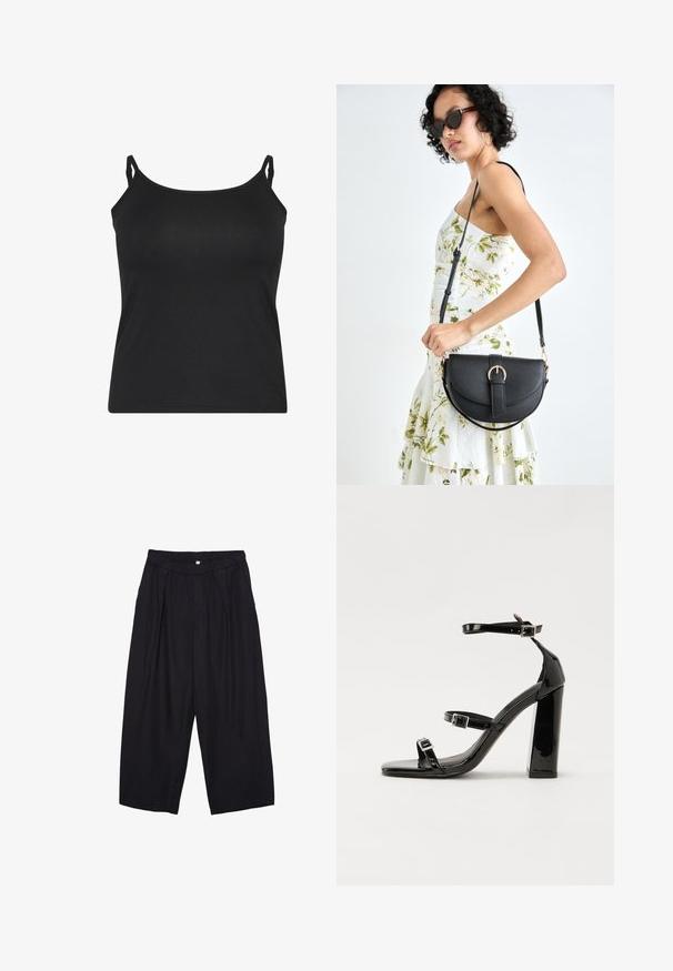 Musta kamisole ohuilla säädettävillä olkaimilla, valmistettu sileästä kankaasta, yksinkertainen hihaton muotoilu ja suora helma.; Musta polyesterinen culotte-housut, jossa on joustava vyötärö, kaksi etupleettiä ja löysä siluetti. Ei näkyviä kuvioita tai metallisia yksityiskohtia.; Musta kiiltävä korkokenkä sandaalit neliönmuotoisella varpaalla, nilkkaremmillä ja hopeisilla soljilla. Varustettu tukevalla lohkokorkealla vakauden takaamiseksi.; Musta nahkainen käsilaukku, joka on kaareva muotoilultaan, irrotettavalla hihnalla ja kultaisilla yksityiskohdilla. Laukussa on läppä, jossa on solk yksityiskohta.