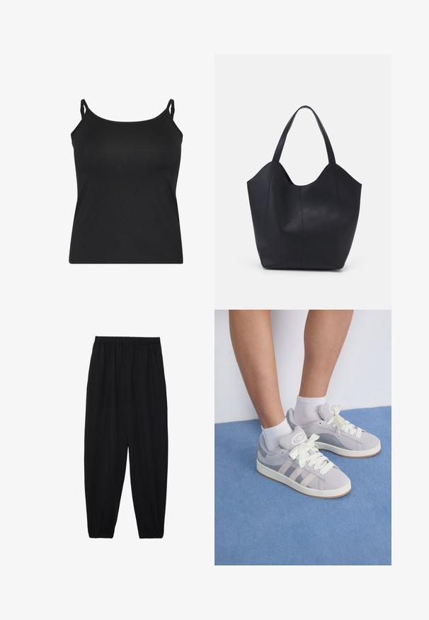 Crna majica bez rukava s tankim podesivim trakama, izrađena od gladkog materijala, s jednostavnim dizajnom i ravnim rubom.; Crne, lagane hlače s elastičnom stražnjom pasicom i naboranim gležnjevima. Tkanina je glatka i ima opušteni, suženi dizajn.; Sivi velur tenisice s bijelim vezicama i gumenim potplatom, sa tri dijagonalne pruge sa strane i oznakom na jeziku.; Crna torba od glatke kože, s zakrivljenim otvorenim vrhom, dva remena za rame i minimalističkim dizajnom.
