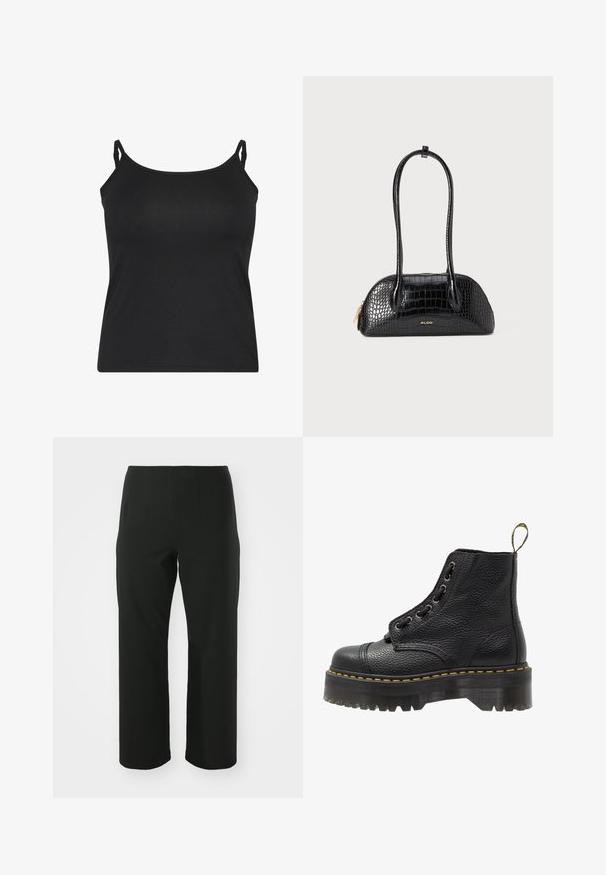Zwarte camisole met dunne verstelbare bandjes, gemaakt van gladde stof, met een eenvoudig mouwloos ontwerp en rechte zoom.; Vero Moda Curve VMCAUGUSTA PANT - Broek - black; Zwarte leren enkelboot met een gestructureerd oppervlak, ronde neus, vetersluiting, gele stiksels en een dikke, geribbelde zwarte plateauzool.; Zwarte handtas met krokodillenpatroon, een gladde textuur, ronde vorm en twee slanke handvatten. Gouden logo-accent bij de basis.