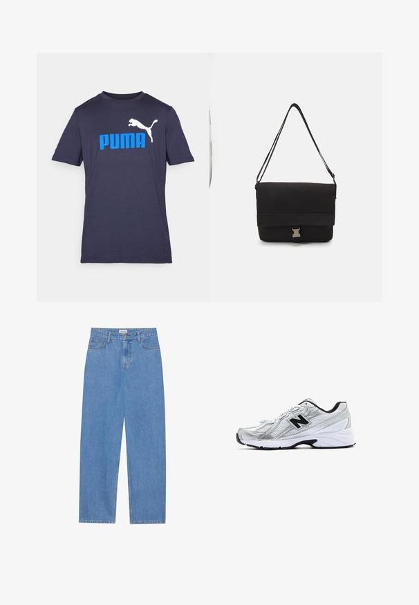 Mørkeblå bomulls T-skjorte med korte ermer, som har en stor hvit leaping puma-logo og fet blå "PUMA" tekst foran.; Lyseblå denimjeans med rett snitt, fem lomme-design, enkelt knappelukking og subtile sømdetaljer.; Sølv atletisk sko med mesh-materiale, sorte aksenter, perforert design og en polstret hvit såle. Har et fremtredende 'N'-logo.; Svart budveske laget av glatt materiale, med en klaff som kan legges over, sølvfarget spenne og en justerbar skulderrem.
