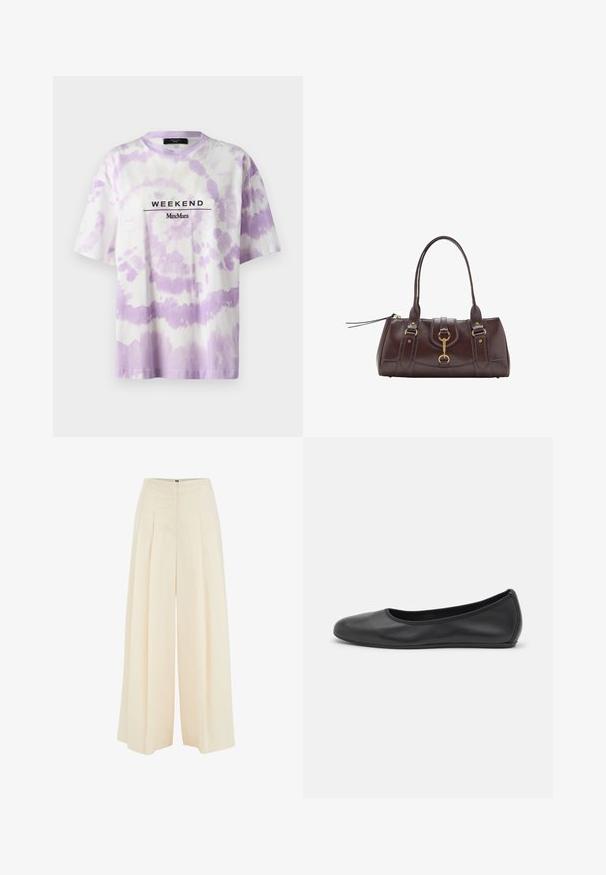 WEEKEND MaxMara XANADU - T-shirt print - bianco; Brede broekspijpen in een lichtbeige stof, met een geplooide voorkant, hoge taille en een zachte textuur. Geen zichtbare hardware of patronen.; Zwarte leren ballerina met een ronde neus, gladde textuur, minimale stikdetails en een flexibele zoolontwerp.; Donkerbruine leren handtas met twee bovenhandvatten, vergulde accenten, een sluitingdetail aan de voorkant en gestikte texturen aan de zijkanten.