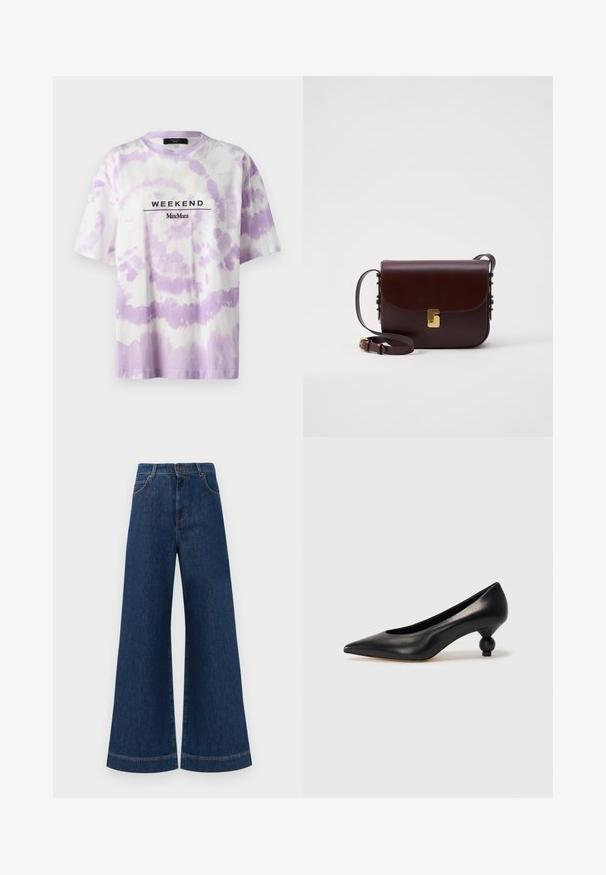 WEEKEND MaxMara XANADU - Print T-shirt - bianco; Wide-leg blue denim jeans with a high waist, featuring a button closure, belt loops, and subtle stitching details along the pockets and hems.; Black leather high heel shoe with a pointed toe and a round, balled heel. Smooth texture with a sleek, minimal design.; Brown leather bag with a flap closure, gold accent hardware, and an adjustable strap. Features a smooth texture and a sleek rectangular shape.