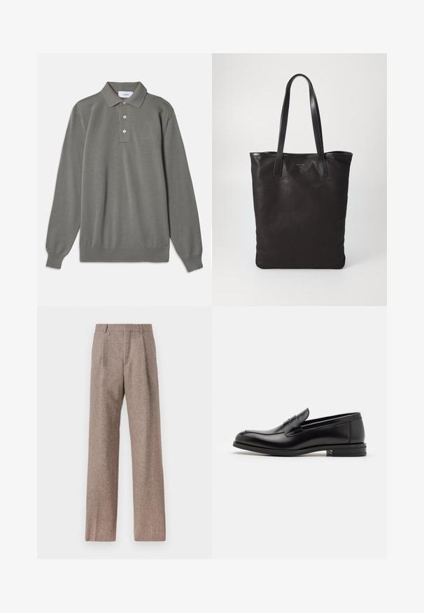 Grijze langwerpige polo met lange mouwen in gestructureerde stof, met een klassieke kraag, een drie-knops knoopsluiting en geribbelde manchetten.; Bruine, hooggewaisted broeken van een gestructureerde stof. Heeft wijde benen en twee voorplooien voor extra structuur. Net afgewerkt zonder zichtbare hardware.; Zwarte leren instappers met een gladde textuur, ronde neus en een decoratieve band over de wreef. Lage, gestapelde hak en minimalistisch ontwerp.; Zwarte canvas schoudertas met zwarte leren handvaten. Eenvoudig ontwerp, ruime body en een gladde textuur. Geen zichtbare logo's of patronen.