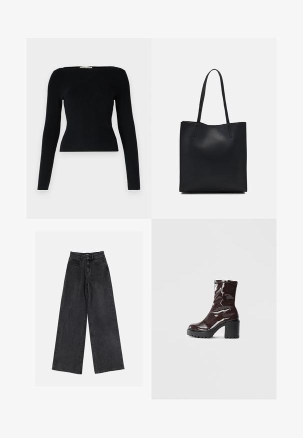 Top preto canelado de manga longa com decote quadrado. Apresenta uma silhueta justa e um tecido texturizado. Design simples sem padrões.; Calças de ganga largas pretas com uma cintura alta, design clássico de cinco bolsos e desbotamento subtil. Tecido durável com uma textura suave.; Bota de tornozelo burgundy brilhante com um salto preto robusto, apresentando uma textura suave e um design simples. Sem fechos ou padrões visíveis.; Bolsa tote preta em couro com textura lisa, forma retangular e duas alças longas. Sem hardware ou enfeites visíveis.