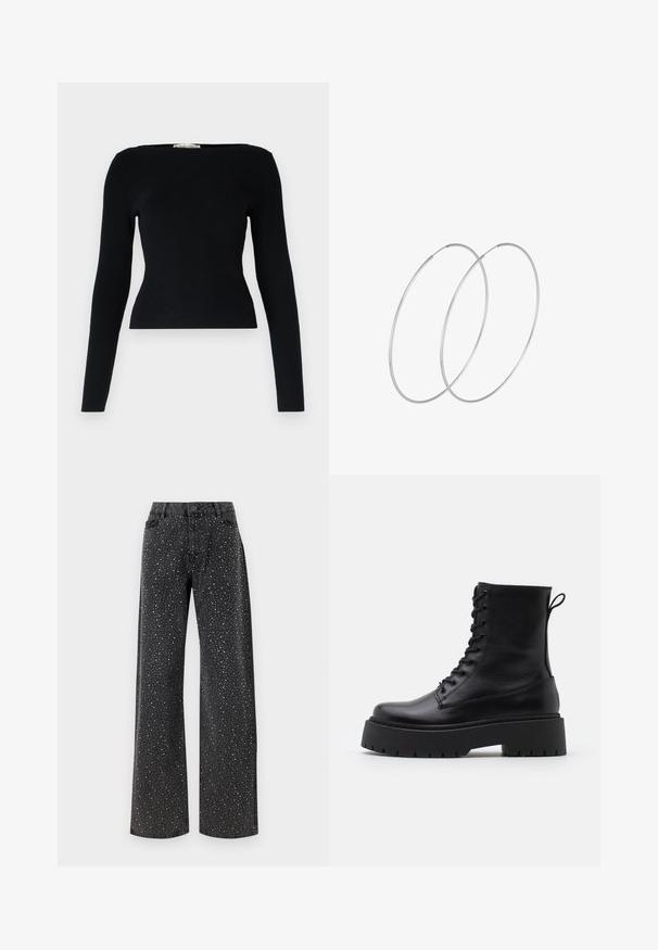 Svart ribbad långärmad topp med fyrkantig halsringning. Har en figursydd silhuett och en strukturerad tyg. Enkelt design utan mönster.; Noisy May NMJANNEL LOOSE - Jeans relaxed fit - black denim; Svarta läderankelboots med rund tå, snörning framtill och en tjock gummisula med strukturerat mönster. Dragflik bak.; Silverfärgade hoopörhängen med en minimalistisk design. Cirkulär form, slät yta och tunn profil. Lätta med en polerad finish.