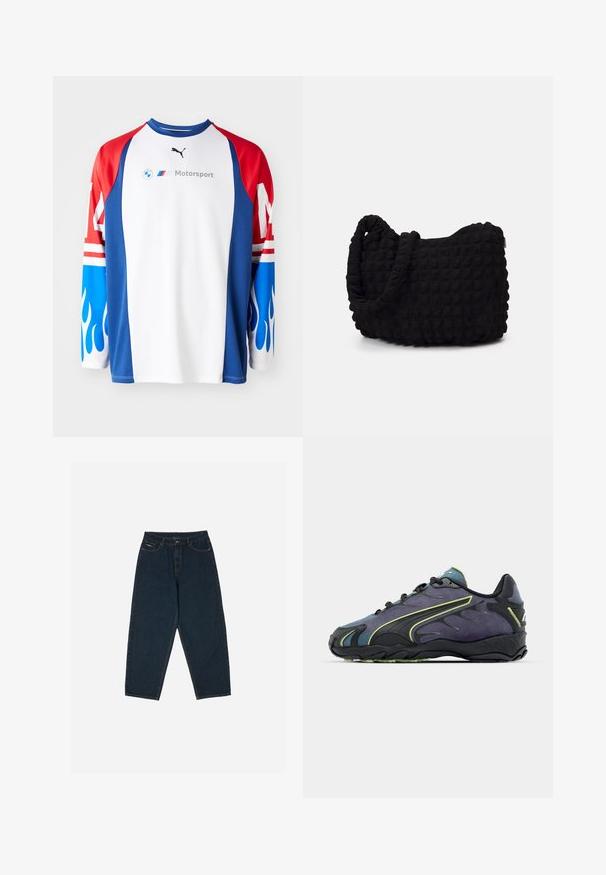 Camicia a maniche lunghe con corpo bianco, maniche rosse e blu con motivi di fiamme. Mostra in risalto i loghi di BMW e Puma.; Jeans a vita alta blu scuro con una vestibilità rilassata, dotati di cinque tasche e chiusura con bottone. Realizzati in denim con una texture liscia.; Scarpe sportive nere e viola con una tomaia testurizzata, linee di accento verdi e una suola in gomma con un design ondulato. Chiusura con lacci.; Borsa in tessuto nero con un motivo trapuntato e texture. Forma arrotondata, manici corti e spessi, e una struttura morbida e flessibile.