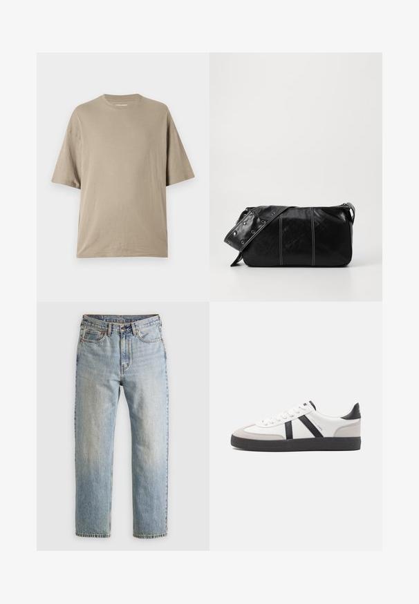 Beige short-sleeve t-shirt made from soft cotton, featuring a crew neck design and relaxed fit, with smooth texture and minimal detailing.; Light blue denim jeans with high waist, front button, zipper, and five-pocket design, laid flat on a neutral background.; White sneaker with black and gray accents, featuring a textured gray toe cap, black rubber sole, and flat white laces. Clean design, minimalist style.; Black leather shoulder bag with a zip closure, featuring a textured body, white stitching, and a strap with silver grommets.