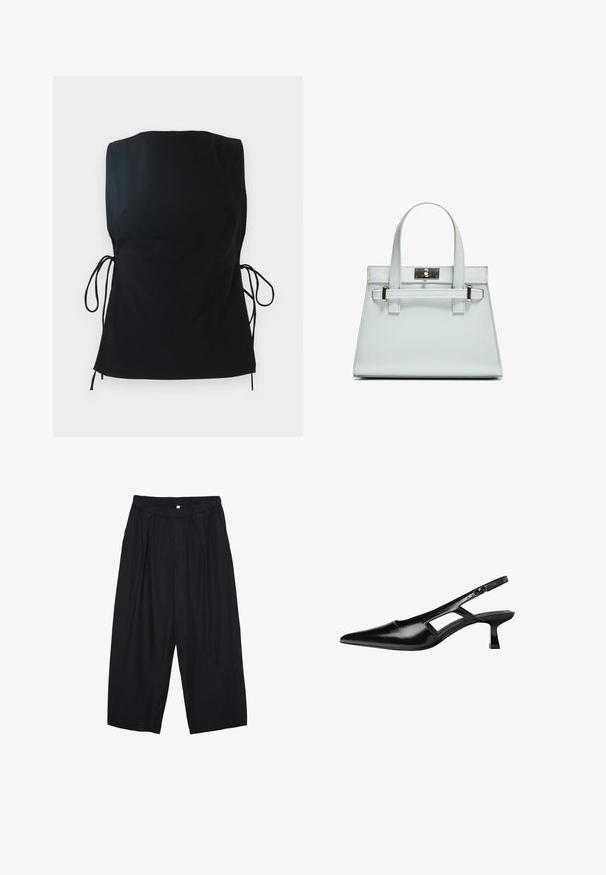 Čierny bezrukávový top vyrobený z mäkkej tkaniny. Obsahuje bočné šnúrky na úpravu, uvoľnený strih a hladkú textúru.; Čierne polyesterové culotte nohavice s elastickým pásom, dvoma prednými záhybmi a voľným strihom. Žiadne viditeľné vzory ani detaily z kovu.; Čierne lakované kožené lodičky na podpätku s špicatou špičkou, výrezovým dizajnom na boku a malým štvorcovým podpätkom. Hladký povrch s minimálnymi akcentmi.; Svetlomodrá kabelka so štruktúrovaným dizajnom, dvomi uchami a striebornou kovovou prackou. Textúrovaný materiál a ostré rohy.