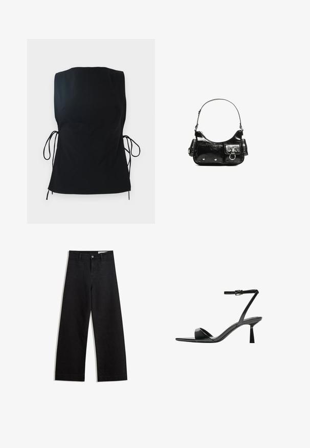 Top negru fără mâneci, realizat dintr-un material moale. Dispune de șnururi laterale pentru ajustare, o croială lejeră și o textură fină.; Pantaloni din denim negri cu picioare largi, cu talie înaltă, având buzunare frontale și posterioare, cusături dublate și închidere cu nasture. Textură netedă.; Bershka Sandale cu toc - black; Geantă de mână din piele lăcuită neagră, cu o formă curbată, un umăr, buzunare frontale și accente din metal argintiu.