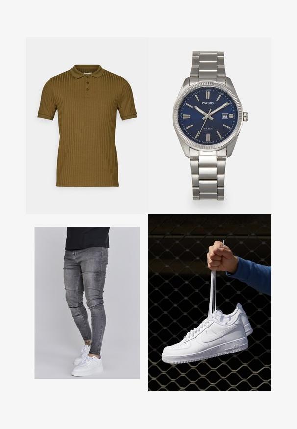 Geribbelde, korte mouwen polo shirt in olijfgroen met een klassieke kraag en een knoopsluiting met drie knopen. Zachte textuur en getailleerde uitstraling.; Skinny jeans in vervaagd grijs denim, met versleten details op de knieën, gecombineerd met witte sneakers. Gladde textuur, slank model.; Witte leren sneakers met perforaties, ronde neus, vlakke zool en dikke veters, met een zichtbare swoosh-logo en "AIR" op de hiel.; Zilveren roestvrijstalen horloge met een marineblauwe wijzerplaat, metalen uurmarkeringen en een datumnis op 3 uur. Waterbestendig tot 50 meter.
