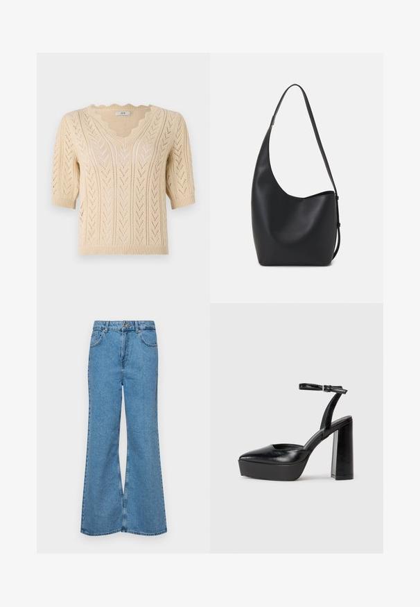 Bežinė megzta palaidinė su V formos iškirpte, trumpomis rankovėmis ir banguotais kraštais. Pasižymi zigzago raštu ir atvira audimo struktūra, leidžiančia orui cirkuliuoti.; Šviesiai mėlynos flared džinsai, pagaminti iš džinsinio audinio, su aukštu liemeniu, penkiomis kišenėmis ir vienu mygtuko užsegimu. Minkštas paviršius su išblukusiu efektu.; Juodi platforminiai aukšti kulniukai su smailiu kojų pirštu ir reguliuojamu kulkšnies dirželiu. Pagaminti iš lygaus odos, turi masyvų blokinį kulną.; Juodas odinis hobo maišas su lygiu paviršiumi, kreipta forma ir viena reguliuojama rankena; turi platų atidarymą viršuje.