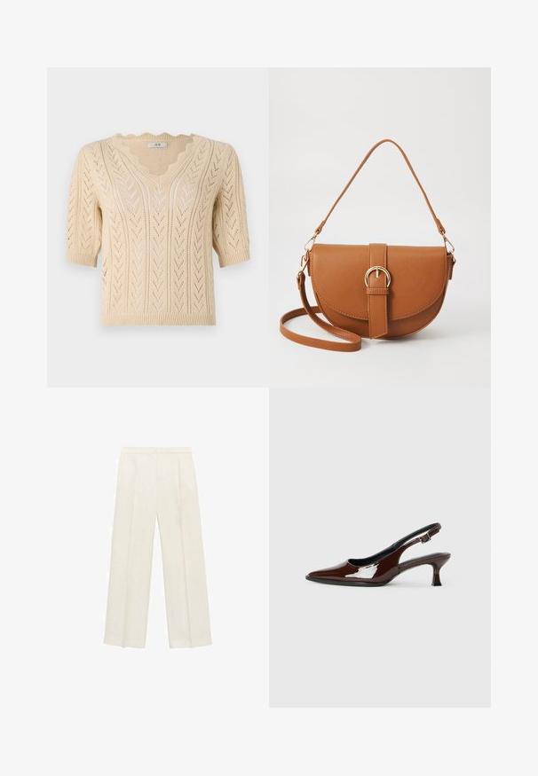 Pulover tricotat bej, cu guler în V, mâneci scurte și margini zimțate. Prezintă un model în zigzag și un design cu țesătură deschisă pentru o bună respirabilitate.; Pantaloni cu picioare largi, de culoare crem deschis. Realizați dintr-un material neted, cu plisuri în față și buzunare laterale.; Pantofii slingback din piele patent maro, cu vârful ascuțit și un toc moderat. Prezintă o curea cu prindere pentru o potrivire sigură. Textură netedă.; Geantă din piele maro, tip crossbody, cu o formă curbată, accesorii aurii și un accent cu cataramă. Dispune de un curea de umăr detașabilă.