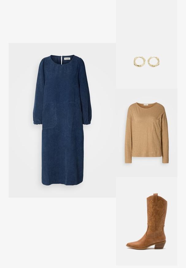 Dolgimi rokavi, svetlo rjava majica iz mehkega, strukturiranega blaga. Ima okroglo ovratnik in en sam žep na prsih. Prijeten kroj.; Mornarsko modra kordna obleka z dolgimi naborki, okroglo izreznico, dvema sprednjima žepoma in odprtino s ključavnico na hrbtni strani. Mehka, teksturirana tkanina.; Rjavi usnjeni kauboj čevlji s koničastim nosom, vezenimi vijugastimi vzorci na zgornjem delu in zloženim kvadratnim peto. Imajo zanko za enostavno obuvanje.; Črna usnjena torba hobo z enim mehkobnim, okroglim ročajem; ima gladko teksturo in minimalističen dizajn. Brez vidnih kovinskih delov ali poudarkov.; Zlate obročaste uhane z teksturirano, nepravilno obliko. Imajo brezšivno zapiranje in poliširano površinsko obdelavo, kar poudarja sodoben dizajn.