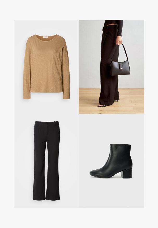 Hosszú ujjú, világosbarna felső, puha, textúrált anyagból készült. Kör alakú kivágással és egyetlen mellzsebbel rendelkezik. Hétköznapi szabású.; Fekete pamut keverék nadrág egyenes szárú dizájnnal, elülső gombos záródással és két oldalsó zsebbel. Simára kialakított textúra, nincs látható minta.; Fekete bőr bokacsizma hegyes orral és vastag sarokkal. Sima felület minimális díszítéssel és karcsú, passzos kialakítással.; Fekete kézi táska strukturált formával, sima textúrával és fémből készült záródással. Széles fekete nadrággal és nyitott orrú szandállal párosítva, fából készült padlón.