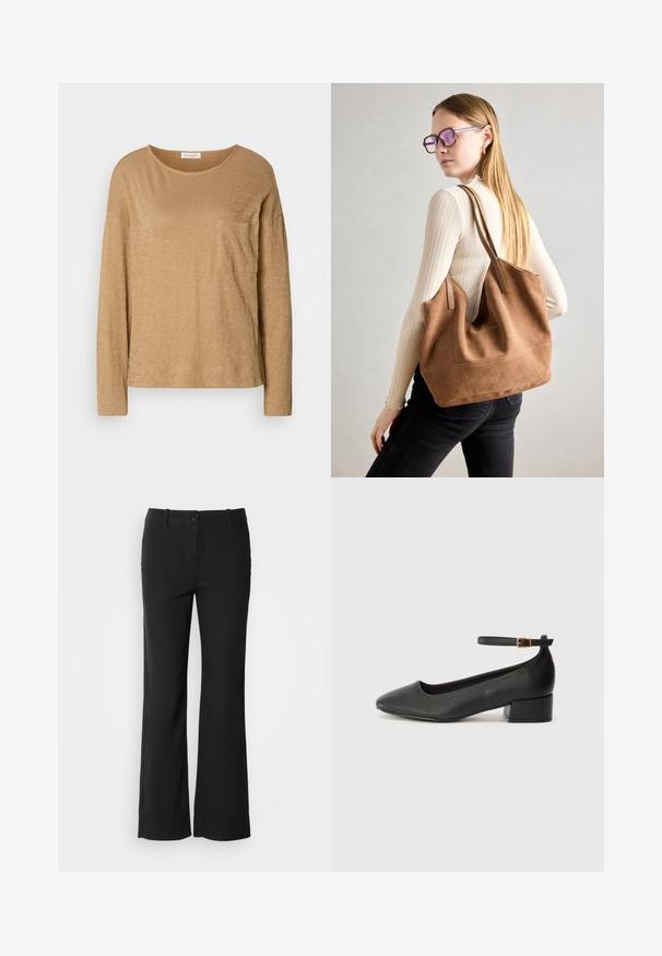 Hosszú ujjú, világosbarna felső, puha, textúrált anyagból készült. Kör alakú kivágással és egyetlen mellzsebbel rendelkezik. Hétköznapi szabású.; Fekete pamut keverék nadrág egyenes szárú dizájnnal, elülső gombos záródással és két oldalsó zsebbel. Simára kialakított textúra, nincs látható minta.; Fekete bőr magassarkú cipő hegyes orral és alacsony tömb sarkal. Bokapánttal rendelkezik, aranyszínű csattal. Simább textúra.; Barna velúr vászontáska puha textúrával, nagy nyílással és hosszú pántokkal. Egyszerű dizájnnal rendelkezik, látható varrással és nincs rajta fém alkatrész.
