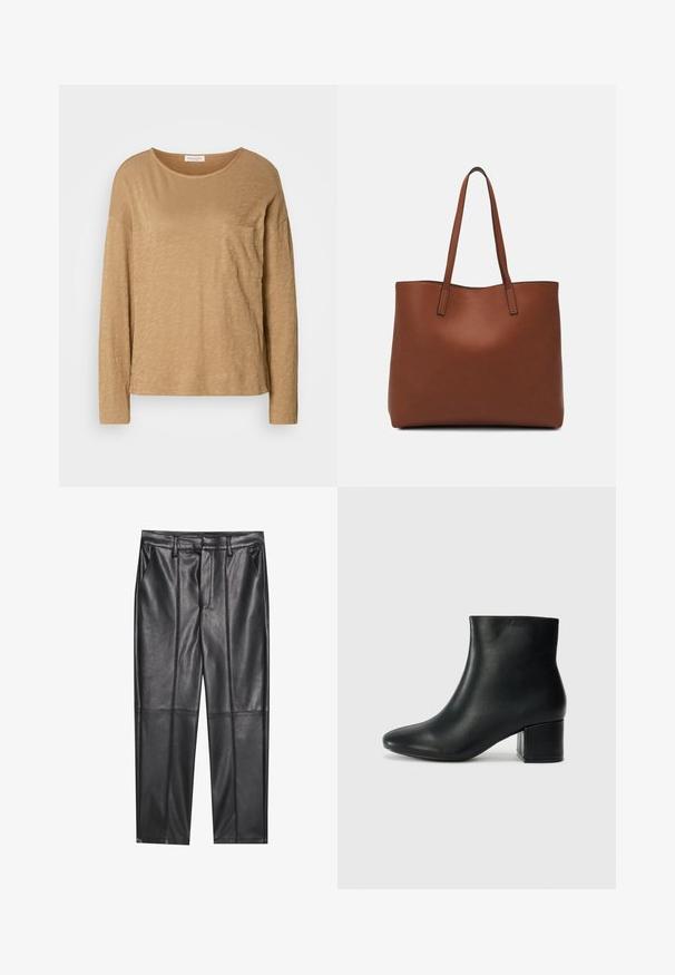 Pikkade varrukatega, heledast pruunist pehmest tekstuuriga kangast tipp. Omab ümara kaeluse ja ühte rinna taskut. Igapäevane lõige.; Mustad nahkpüksid sileda tekstuuriga, sirge lõikega, kahe eesmine taskuga ja nähtavate õmblusteta.; Mustad nahast pahkluu saapad terava varbaga ja jämeda kandaga. Sile tekstuur minimaalse aktsentidega ja stiilne, lihvitud disain.; Pruun nahast tote-kott, millel on sile tekstuur, avatud ülaosa disain ja kaks õlarihma. Omab minimaalset õmblust ja nähtavat riistvara ei ole.