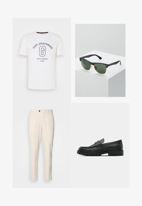 Biela bavlnená tričko s okrúhlym výstrihom, krátkymi rukávmi a tmavo modrým potlačeným textom: "GANT SPORTSWEAR," "NEW HAVEN," a "1949."; Bežové nohavice na mieru s plochým predným dielom, jednobunkovým zapínaním a dvoma šikmými bočnými vreckami. Hladká tkanina so slim fit strihom a zužujúcou sa nohou.; Čierne kožené mokasíny s okrúhlou špičkou, s prešitým dizajnom, nízkou platformou a textúrovanou, zúbkovanou gumovou podrážkou.; Slnečné okuliare Ray-Ban so zelenými sklami, čiernymi plastovými rámami a zlatými akcentami na okrajoch. Štvorcový tvar s matným povrchom.
