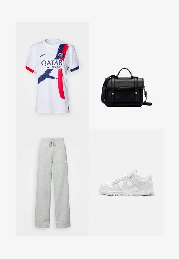 Biała koszulka sportowa z czerwonymi i niebieskimi akcentami w formie pociągnięć pędzlem. Posiada okrągły dekolt, krótkie rękawy oraz nadrukowane logo na piersi.; Szare dresy z elastycznym pasem, szczegóły ze sznurkiem i małym białym logo Nike na lewej udzie. Miękka tkanina, luźny krój.; Białe skórzane trampki z szarymi akcentami, perforowanym noskiem, płaskimi sznurowadłami, wyściełanym kołnierzem i teksturowaną gumową podeszwą.; Czarna skórzana torebka na ramię o wyraźnej strukturze, z górnym uchwytem, regulowanym paskiem, przednią klapą i metalowymi akcentami. Posiada logo na przodzie.