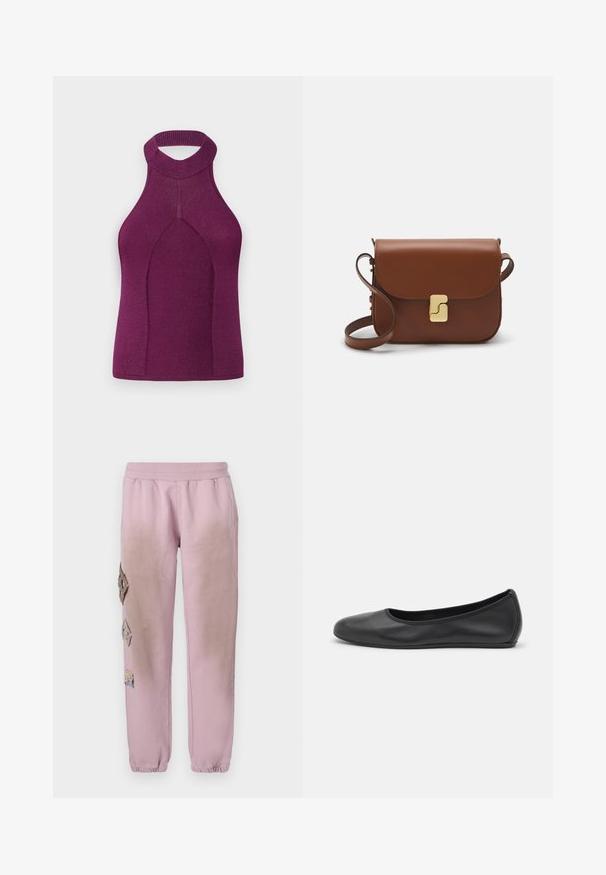 Ribaga kootud korsetisärgi tipptükk tumepunases värvitoonis, millel on kõrge kaelus ja lõhikutega seljaosa. Omab sujuvat disaini, kaldu kuju ja liibuvat siluetti.; Roosa spordipüksid elastse paelaga vööl, millel on vasakul küljel dekoratiivsed rombikujulised plaastrid ja elastsed mansetid pahkluude juures.; Musthave mustika tantsutossud mustast nahast, ümmarguse varbaga, siledast tekstuurist, minimaalse õmblusdetailiga ja paindliku tallakujundusega.; Pruunist nahast käekott, millel on klapiga sulgur, kuldne riistvara, õlarihm ja sile tekstuur. Kompaktne ristkülikukujuline vorm.