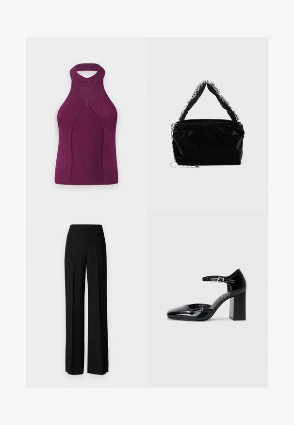 Domború kötésű, mélylila pántos top magas nyakkal és kivágott hátsó résszel. Zökkenőmentes kialakítása van, amely szögletes formát és testhezálló sziluettet biztosít.; Fekete, széles szárú nadrág sima tapintással, magas derékkal és középen pliszével. Nincsenek látható minták vagy fém részletek.; Fekete patent bőr, magas sarkú cipők négyzetes orral, bokapánttal és vastag sarkal. A szélén lyukacsos díszítéssel.; Fekete műbőr kézitáska texturált felülettel, amelyen gyöngyökkel díszített ezüstszínű kiegészítő található a felső fogantyún, valamint láncos pánt.