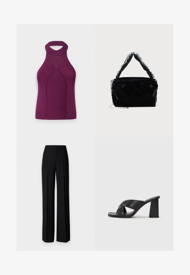 Hladce pletený halter top v tmavě fialové barvě s vysokým krkem a výřezem na zádech. Vyznačuje se bezešvým designem s úhlovým tvarem a přiléhavou siluetou.; Černé kalhoty s širokým střihem a hladkým povrchem, s vysokým pasem a středovými skladbami. Žádné viditelné vzory ani kovové detaily.; MAX&Co. SOHO - Sandály na vysokém podpatku - schwarz; Černá kabelka z umělé kůže s texturovaným povrchem, zdobená perlovým stříbrným akcentem podél horního ucha a řetízkovým popruhem.
