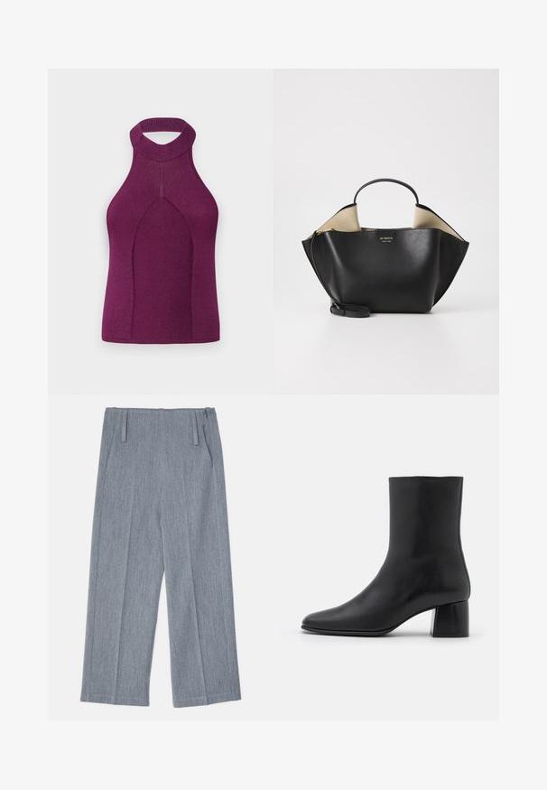 Syöksykärki korkealla kauluksella ja leikattu takaosa syvän purppuranvärinen ribbipsu.; Vaaleanharmaat, leveälahkeiset housut, jotka on valmistettu tekstuurilla varustetusta kankaasta. Housuissa on kaksi etupurjeet ja kaksi sivutaskua. Siisti, räätälöity muotoilu.; Mustat nahkasaappaat nilkkakorkeudella, joissa on terävä kärki ja tukeva neliön muotoinen korko. Sileä pinta, saumaton muotoilu ja minimalistinen ommel.; Ree Projects ANN TOTE MINI - Käsilaukku - black