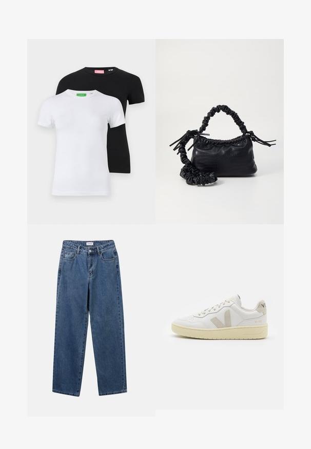 Juodos ir baltos trumpomis rankovėmis medvilninės marškinėliai. Juodas marškinėlis turi rožinę etiketę, o baltas - žalią etiketę ant apykaklės.; Klasikiniai mėlynos džinsinio audinio džinsai su tiesiomis kojomis, penkiomis kišenėmis ir mygtukų uždarymu. Pasižymi vidutiniu skalbimu ir tvirtu audiniu.; Balti odiniai sportbačiai su kreminiais zomšos akcentais, perforuota pirštų dalimi, plokščiomis raišteliais ir struktūruota kreminėmis padomis. Ant kulno yra subtilus ženklinimas.; Juodas dirbtinės odos rankinė su krokodilo tekstūra, sušnibždinta viršuje ir susikraipytu dirželiu. Atrodo minkšta ir kompaktiška.