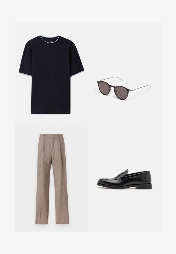 Tmavě modré tričko s krátkým rukávem a kulatým výstřihem, se světle modrými akcenty na límci a rukávech. Vyrobeno z měkké bavlněné tkaniny.; Hnědé kalhoty s vysokým pasem vyrobené z texturované látky. Mají široké nohavice a dva přední sklady pro strukturu. Úhledné provedení bez viditelné kovových částí.; Černé kožené polobotky s hladkou texturou, zaoblenou špičkou a zdobným páskem přes nárt. Nízký stohovaný podpatek, minimalistický design.; Černé kulaté sluneční brýle s tmavými skly a tenkými kovovými nohami. Obsahují průhledné koncovky nožiček a stříbrné akcenty na pantu. Minimalistický design.