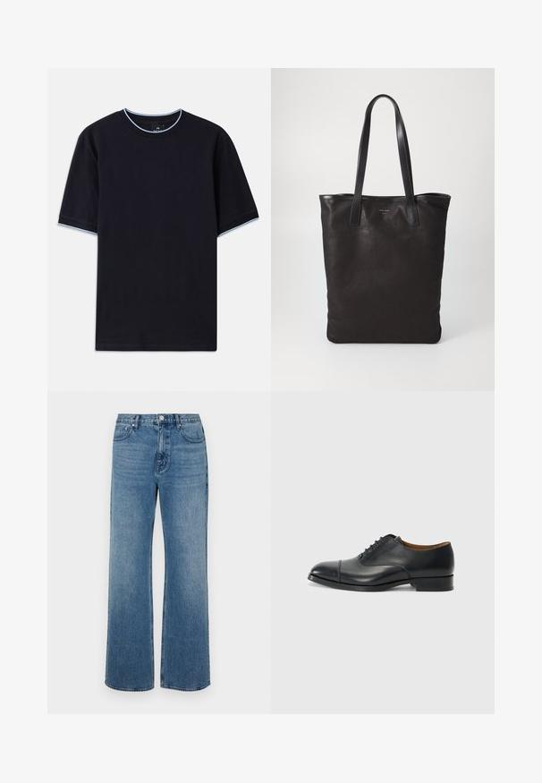 Sötétkék, rövid ujjú póló, lekerekített nyakkal, világoskék díszítéssel a gallérnál és az ujjaknál. Puha pamut anyagból készült.; Széles lábú, koptatott kék farmernadrág. Öt zsebből, elülső gombos záródásból és egyenes szabásból áll.; Fekete bőr dress cipő sima felülettel, lekerekített orral, öt fűzőlyukkal és alacsony blokksarkal. Minimalista dizájn, finom varrásokkal.; Fekete vászontáska fekete bőr füllel. Egyszerű dizájn, tágas test és sima textúra. Nincsenek látható logók vagy minták.